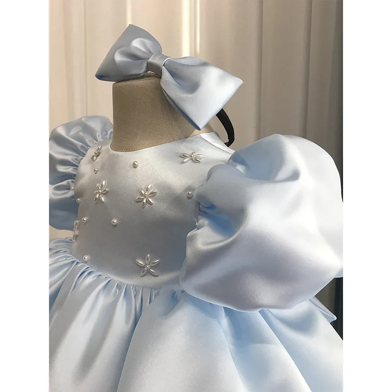 High-End Elegant Blue Satin Princess Dress Puffy Dress Evening Gown Baby First Birthday Dress Girl Birthday Photoshoot Summer