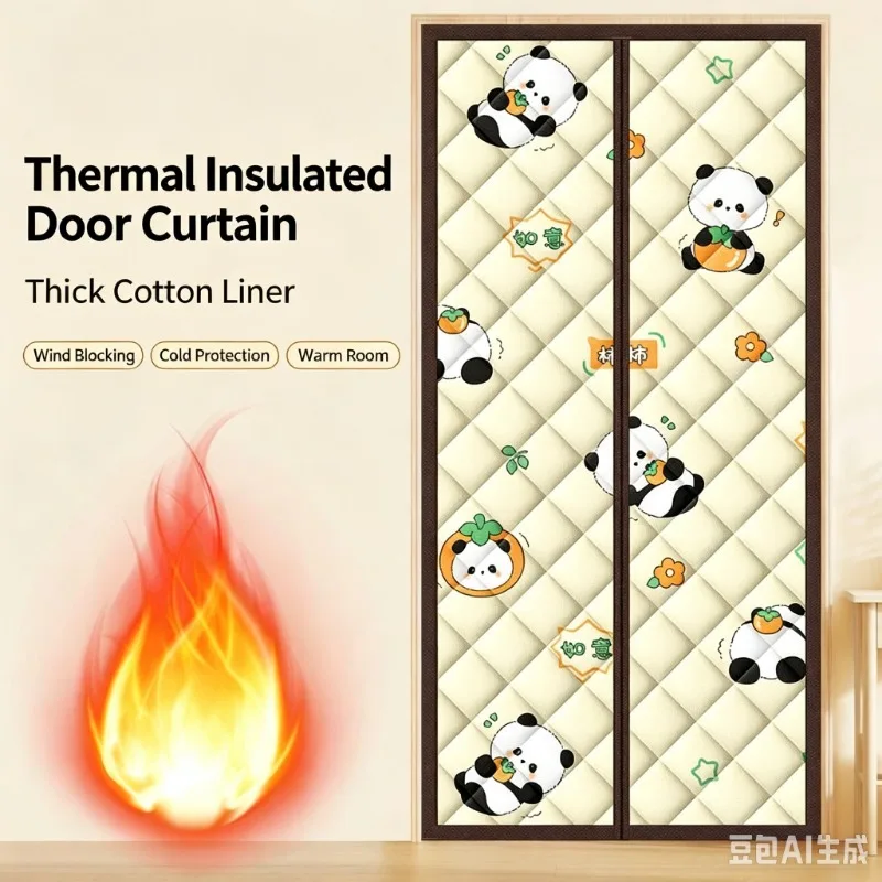 Magnetic Door Curtain for Patio Door Self-Closing Heavy Duty Cotton Thermal Insulation No Drill Windproof Room Divider Winter