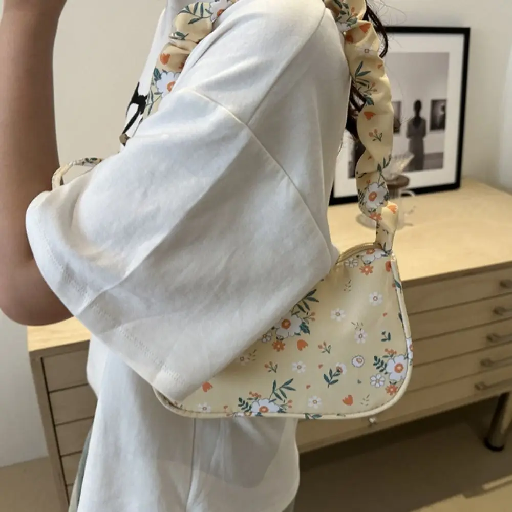 Fashion Flower Pattern Printing Shoulder Bag Bow Wrinkle Sweet Canvas Bag Large Capacity Underarm Bag Lovely Tote Bag Outdoor