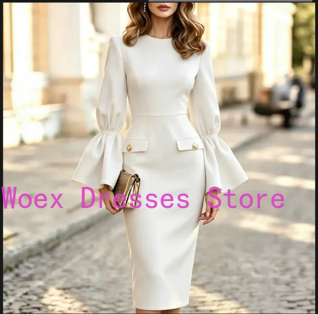 Customized Elegant Navy Blue Formal Party Dress Round Neck Flared Bell Sleeve Gold Buttons Sheath Midi Wedding Guest Dress