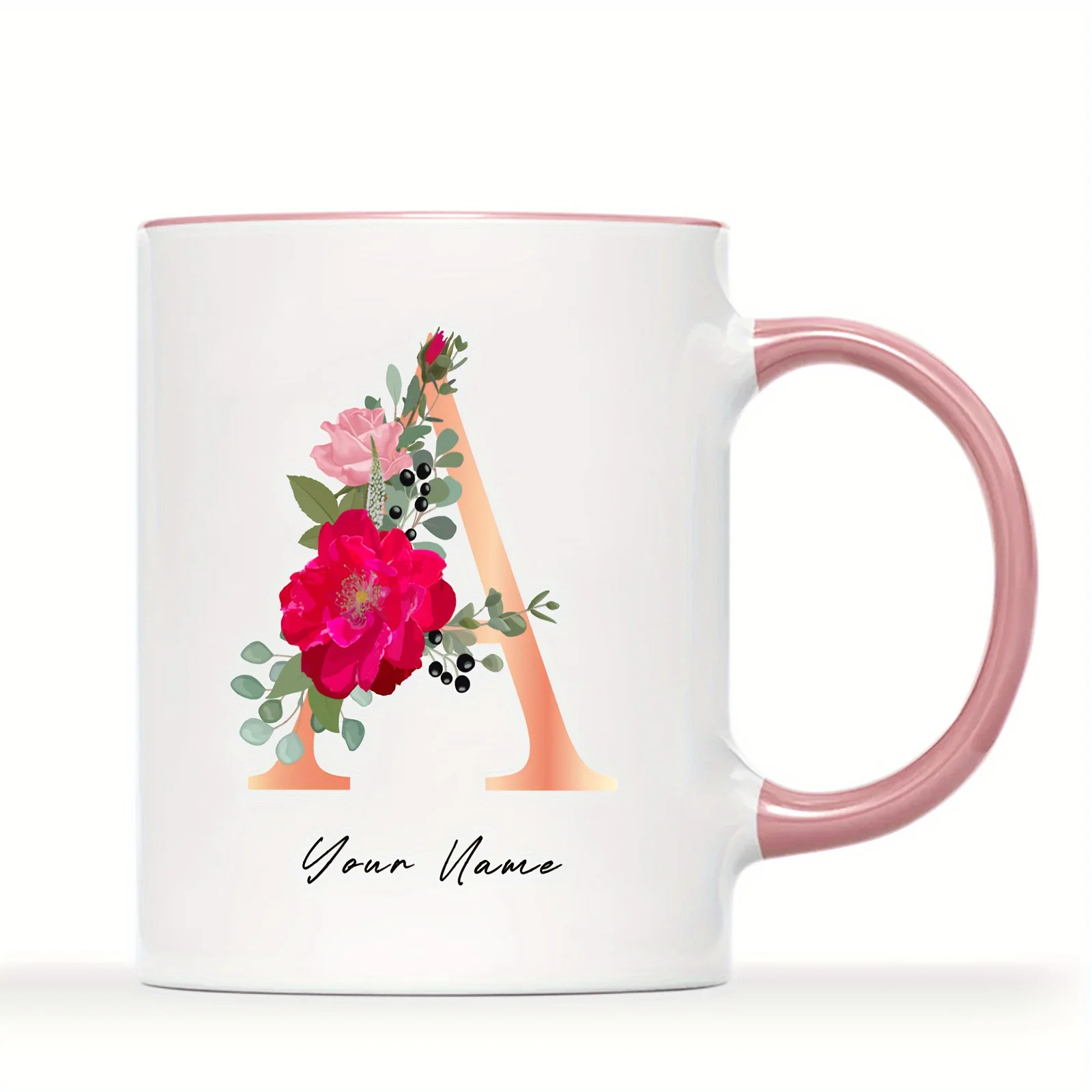 1 Set Personalized Pink Floral Gradient Letter Name Coffee Mug 11oz 3A Ceramic Gift for Grandma Mom Wife Daughter