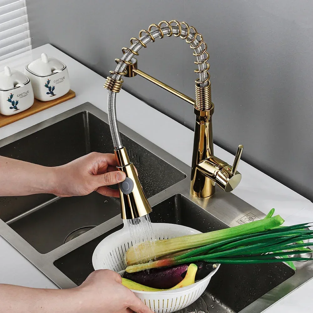 Kitchen Sink Vegetable Basin Hot and Cold Faucet Spring Copper Pull-out Faucet with Shower Head Rotatable