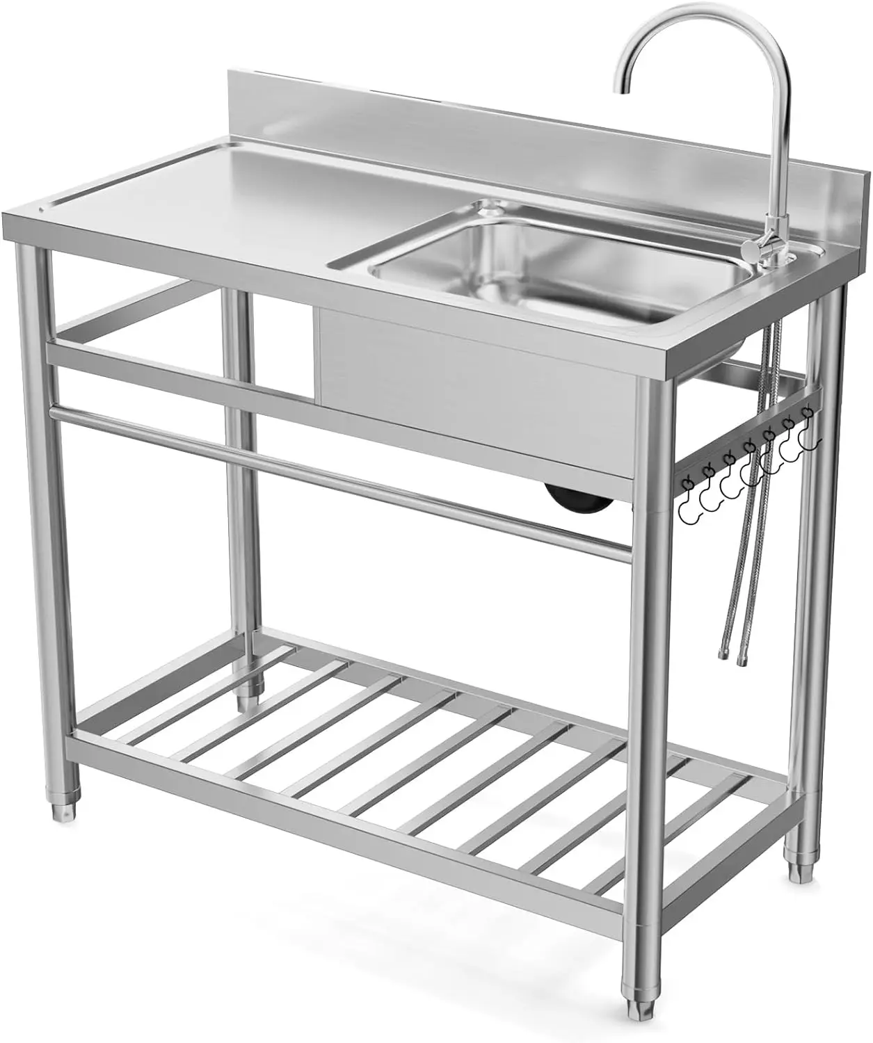 

Stainless Steel Prep & Utility Sink With Countertop Faucet Hose Free Standing Single Bowl Commercial Kitchen Sink Workbench