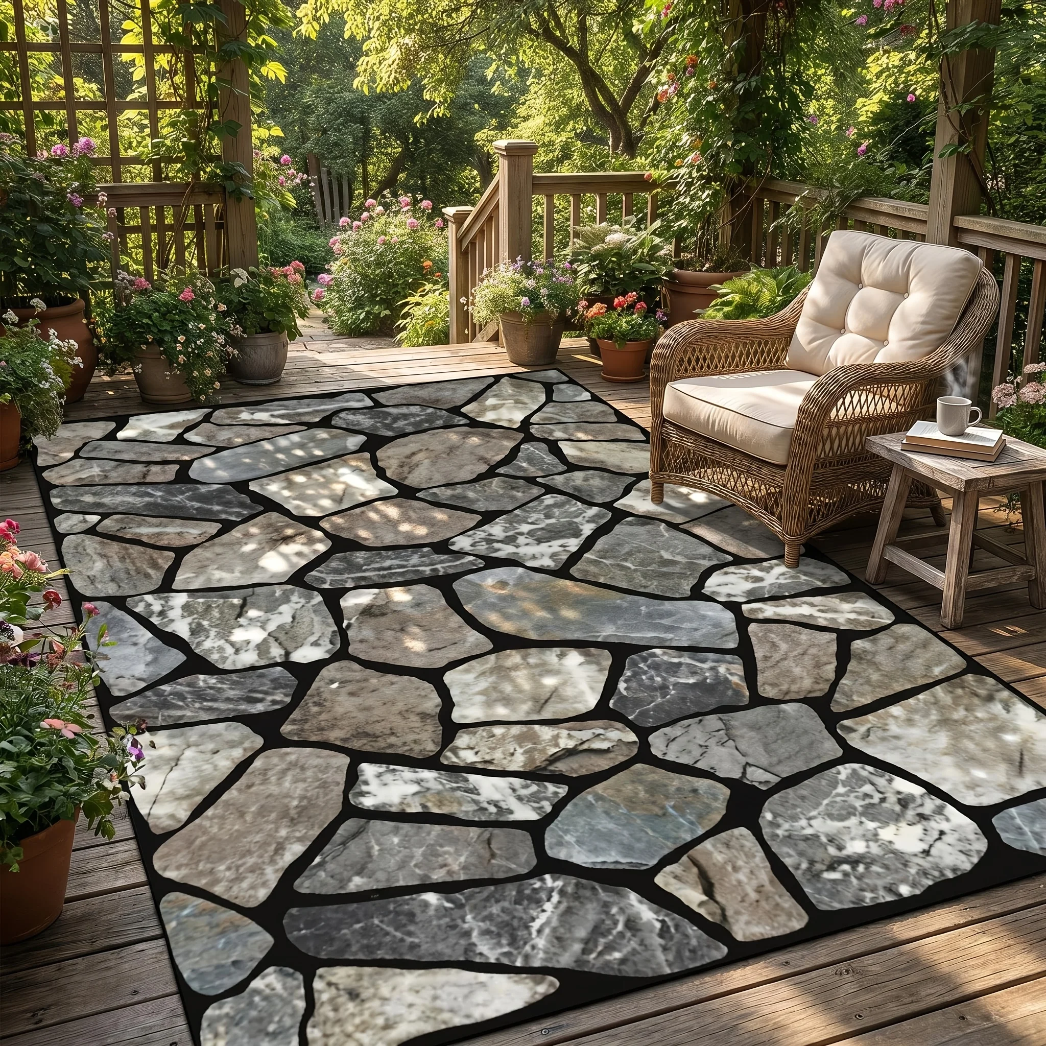 1‑Piece 2D Printed Gray Stone Pattern Rug, Easy‑Clean Machine Washable Floor Mat for Patio, Living Room, Bedroom, Camping
