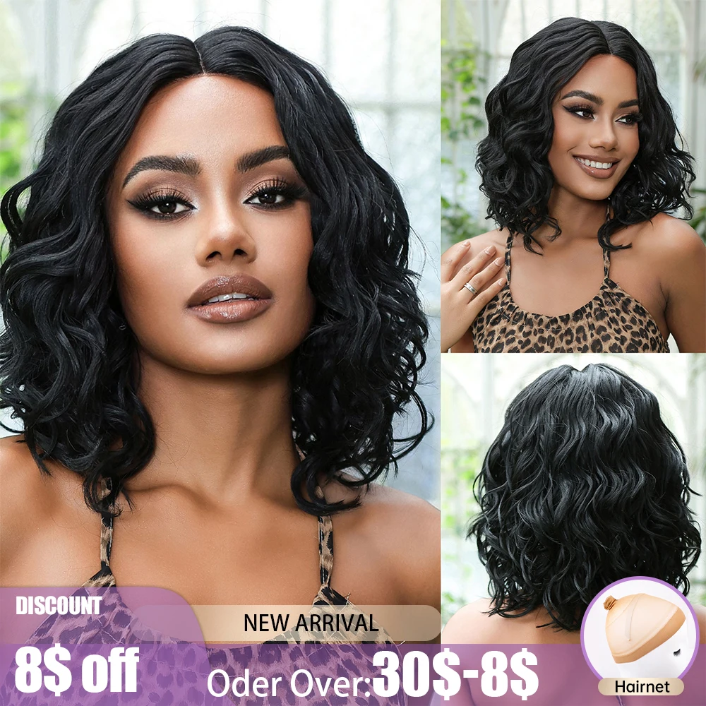 Perucas sintéticas frente de renda ondulada curta para mulheres, preto escuro, curly wave bob, 13x1, sem cola, brasileiro, afro, diário