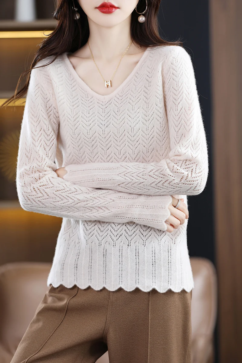 2023 Spring and Autumn Pure Woolen Sweater V-neck Pullover Solid Color Hollow Wooden Ear Cuff Sweater Knitted Underlay Women's T