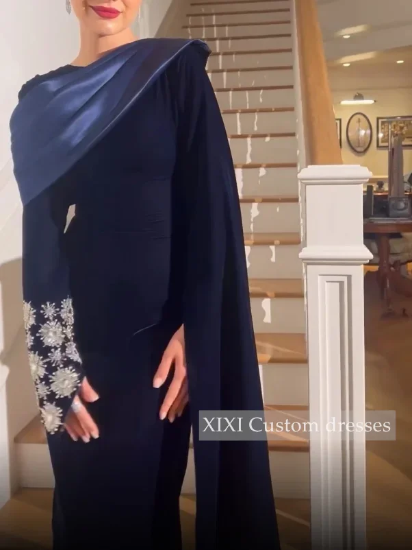 XIXI Customized Luxury Evening Dresses Sheath Split Scoop Neckline Zipper Up Prom Dresses Long Sleeves Floor-Length Vestidos De