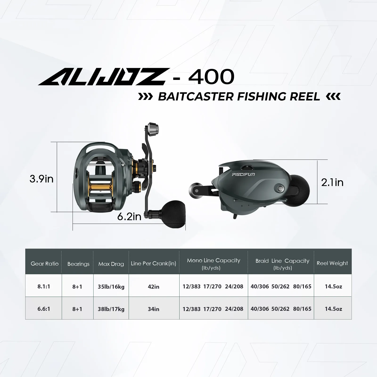 Piscifun Alijoz 400 Baitcaster Fishing Reels 38lbs Max Drag 8+1 Bearings Aluminum Frame Freshwater Saltwater Fishing Reels