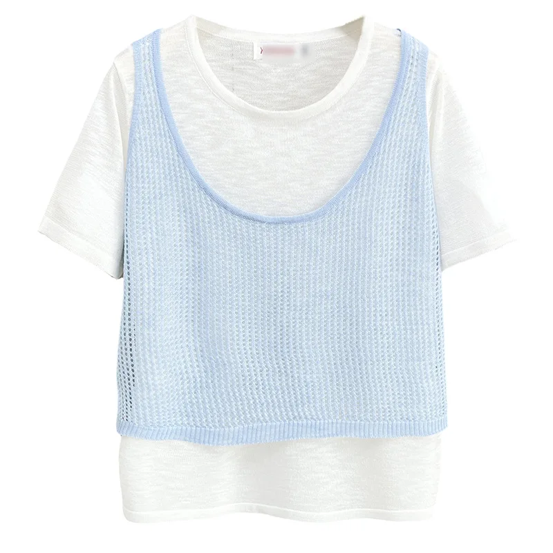 

100 кг модные повседневные футболки из двух частей с короткими рукавами, женская одежда больших размеров, тонкая футболка 734