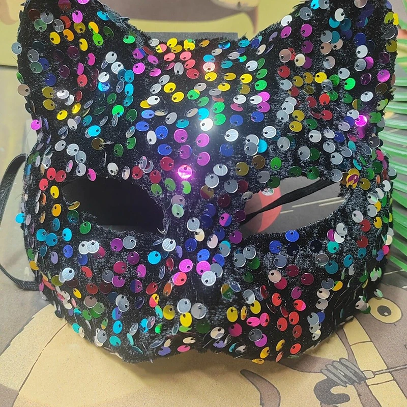 Maschere colorate per travestimento da donna con gatto con paillettes Halloween Natale Incontri sexy Carnevale Costume da festa Cosplay Accessori per il viso da ballo