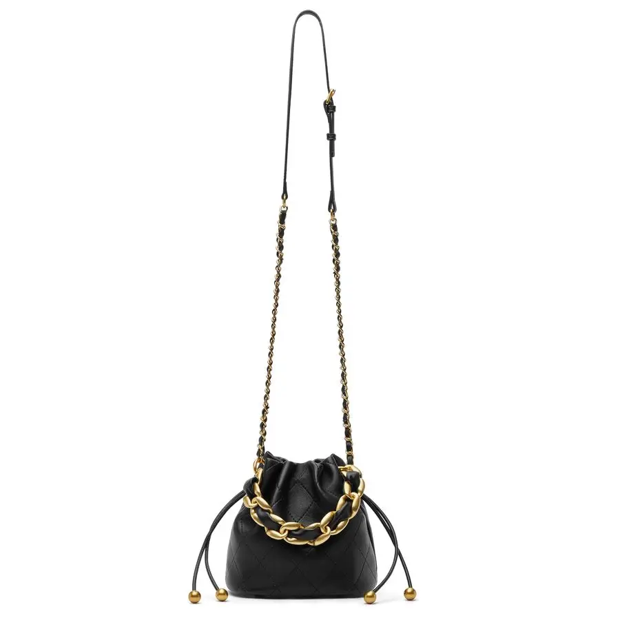 

Top Handle Bucket Bag, Designer Lambskin Drawstring Crossbody Purse with Chunky Chain Tote Strap
