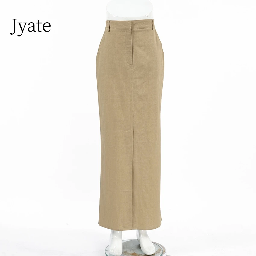 Jyate Khaki Elegante Lange Rechte Rokken Dames Kantoor Dames Katoenen Linnen Maxi Rokken Zomer 2024 Casual Zakken Dames Jupe