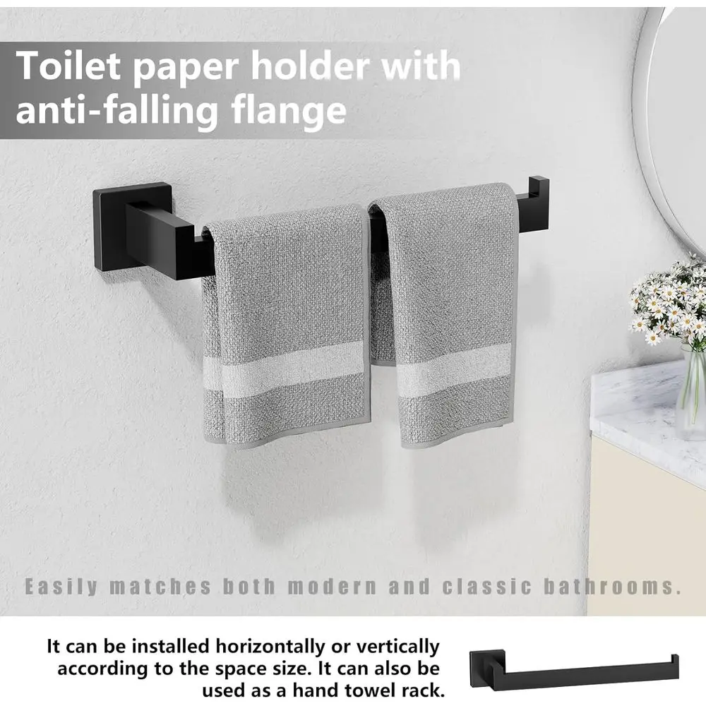 Contemporary 8-Piece Bathroom Hardware Set in Matte Black: Includes Towel Racks, Bar, Hooks, Holder, and Ring