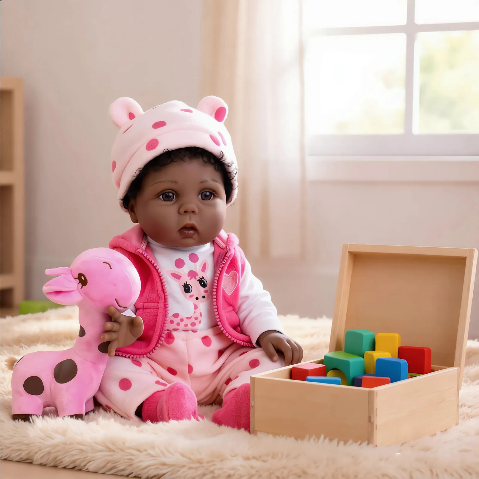 Realistic 20 Inch Reborn Baby Doll, Black Baby Girl Doll with Brown Eyes, Soft Cloth Body, Pink Giraffe Outfit & Stuffed Toy, Weighted Doll for Play & Collecting