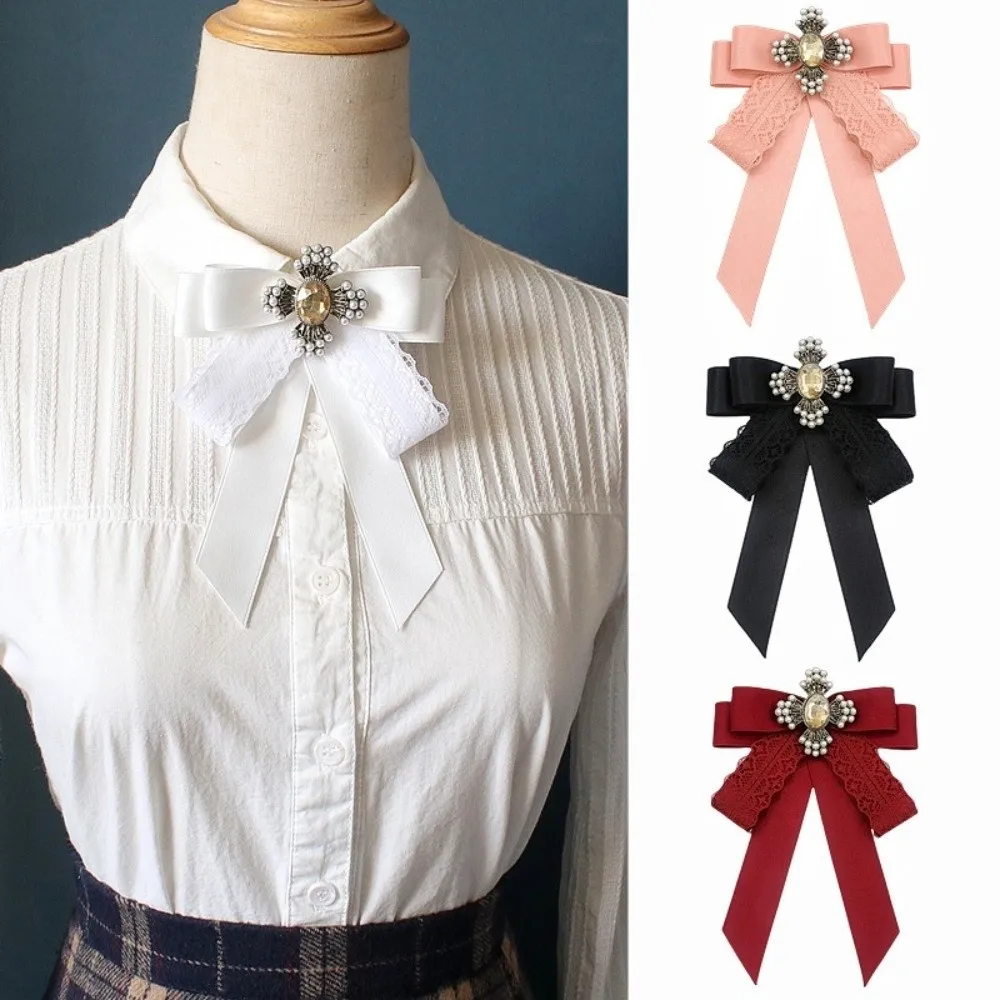 حجر الراين كريستال الشريط القوس بروش البوليستر خمر النسيج Bowknot بروش تذكارية قميص أسود طوق دبوس #3