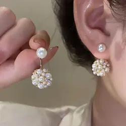 Korean Fashion Pearl Flower Stud Earrings For Women Elegant Versatile Double Side Wearing Pearl Earrings Wedding Party Lady Gift