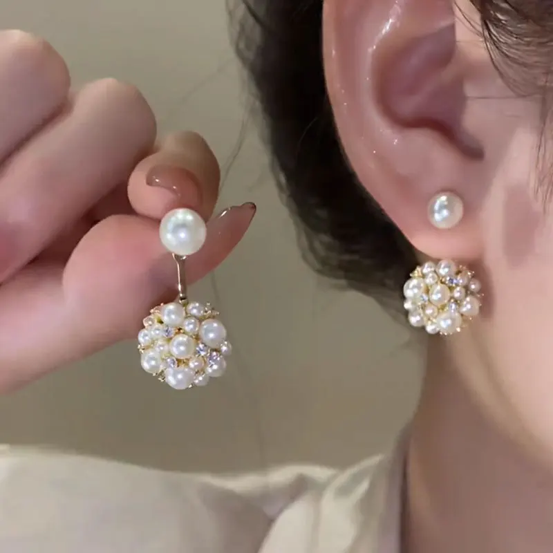 Korean Fashion Pearl Flower Stud Earrings For Women Elegant Versatile Double Side Wearing Pearl Earrings Wedding Party Lady Gift