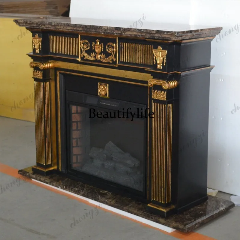 European solid wood fireplace marble countertop black gold foil heavy industry engraving retro fireplace
