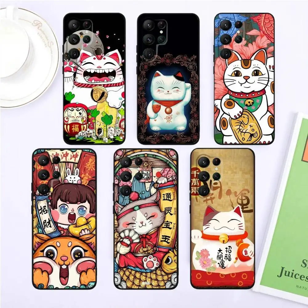 

Maneki Neko Lucky Money Cat Phone Case For Samsung S25,S24,S23,22,21,Ultra,Pro,S10,S30Plus,20lite Black Cover