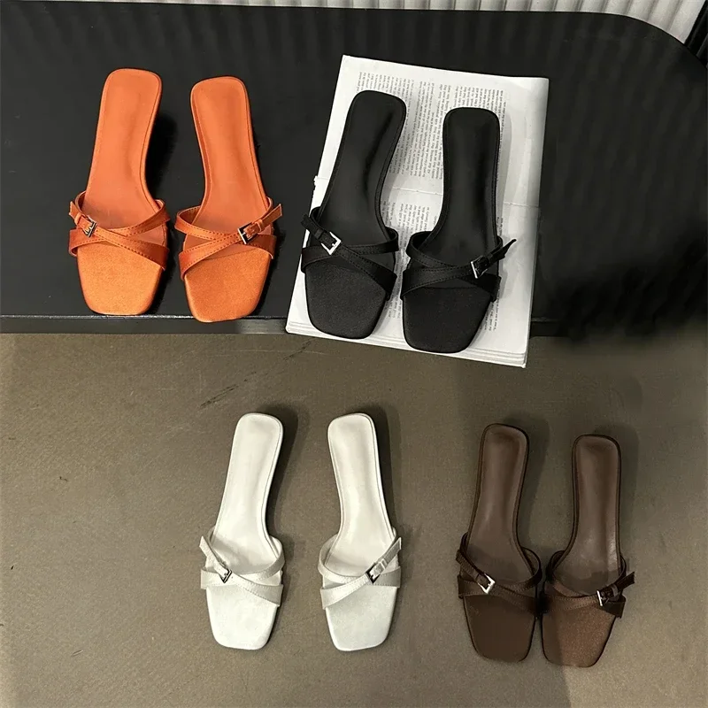 Summer Fashion Narrow Band Strange Style Low Heels Slippers Square Toe Party Beach Women Sandals Slides Shoes