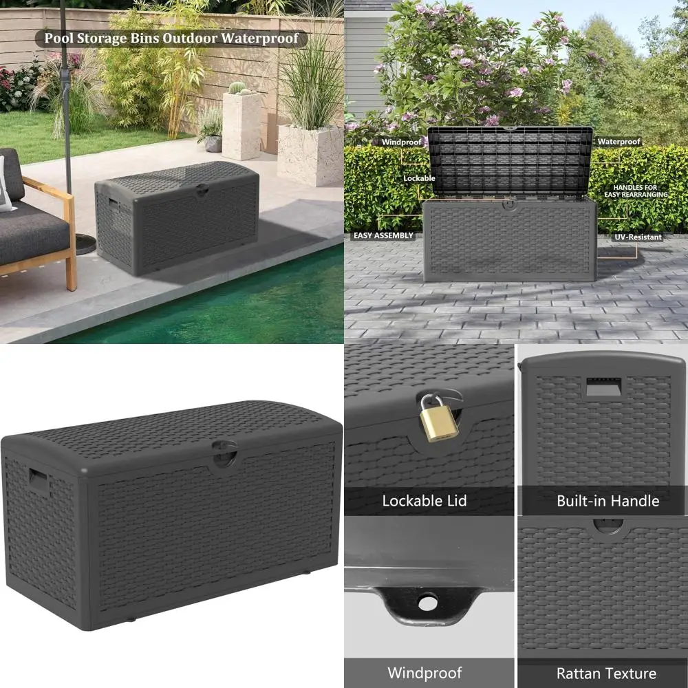 Caja de cubierta impermeable con cerradura de 90 galones para almacenamiento al aire libre, patio, piscina y jardín, con protección UV, negro compacto