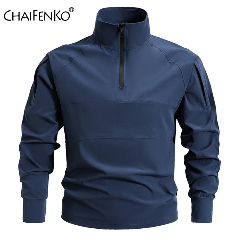 Men Elasticity Solid Quick Drying Tops Spring Autumn Casual Comfort Motion Coat New Fashion Stand Collar Ice Silk Pullover Men