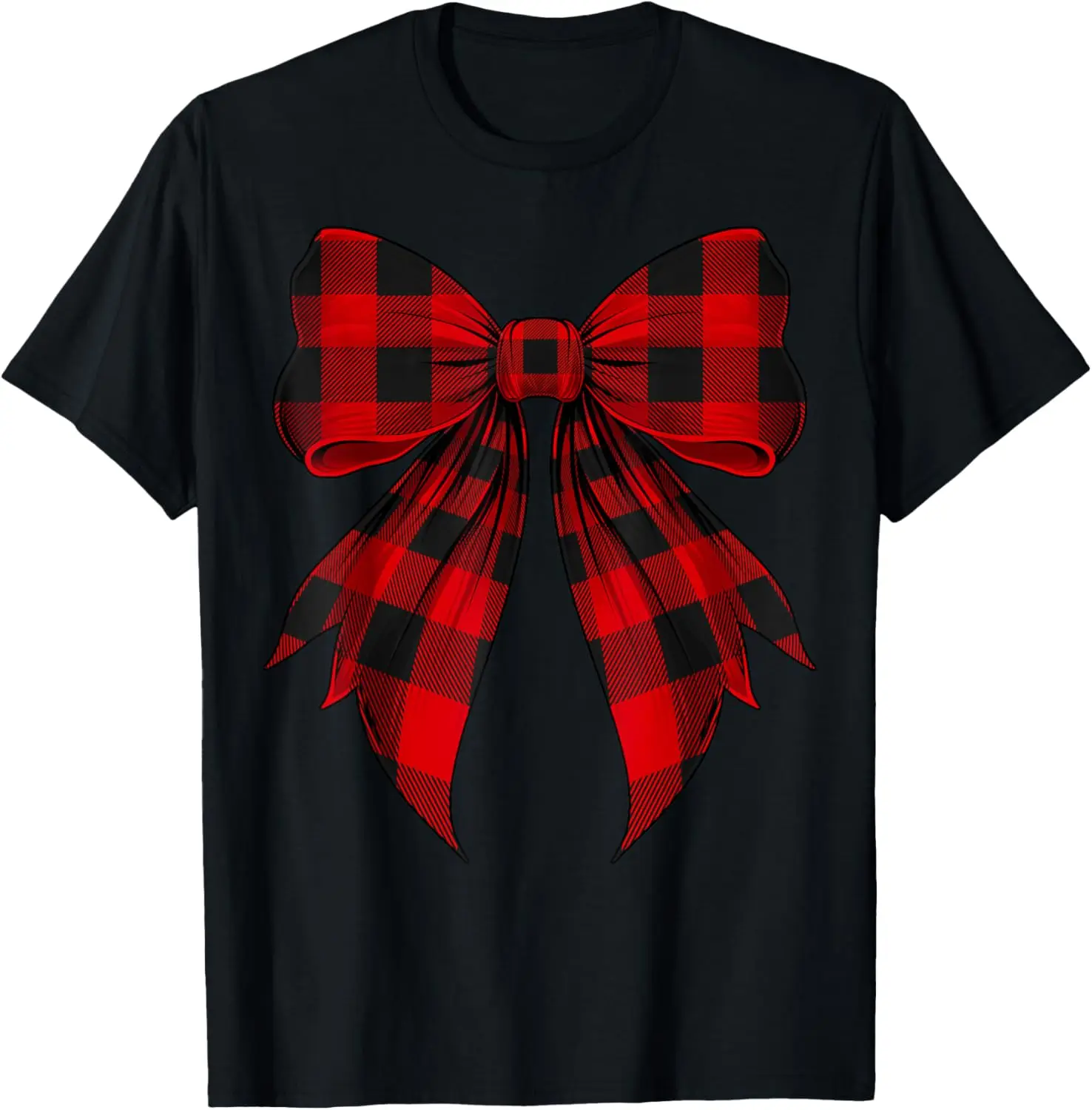 Coquette Bow Red Black Buffalo Tartan Checkered Plaid T-Shirt 100% Cotton Trendy Y2K Short-Sleeve Tee-Soft, Quick-Drying,