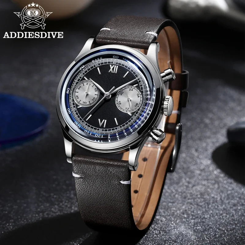 ADDIESDIVE Men watches Quartz Wristwatch Sport waterproof 100m Chronograph AR Coating VK64 Movement Retro Leather Watch AD2037
