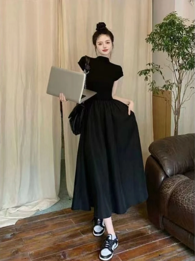 Solid Long Dresses Women Summer Simple Elegant Temperament A-line Loose Tighten The Waist Turtle Neck Fashion Streetwear Cozy