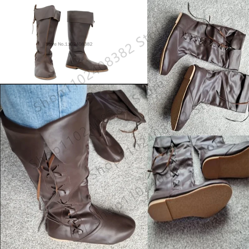 Botas de couro medievais para homens e mulheres, carnaval de Halloween, cavaleiro, cosplay pirata, príncipe, preto, marrom, gótico, sapatos punk, plus size