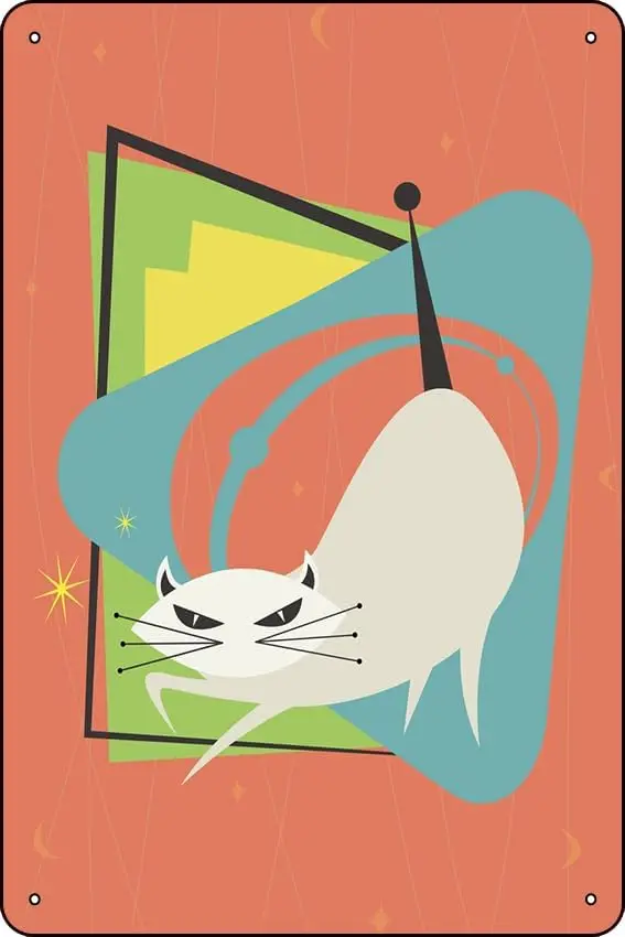 Atomic Cat Mid Modern Early Twentieth Century Retro Metal Tin Sign Home Bar Patio Cave Wall Vintage Decor Novelty Sign