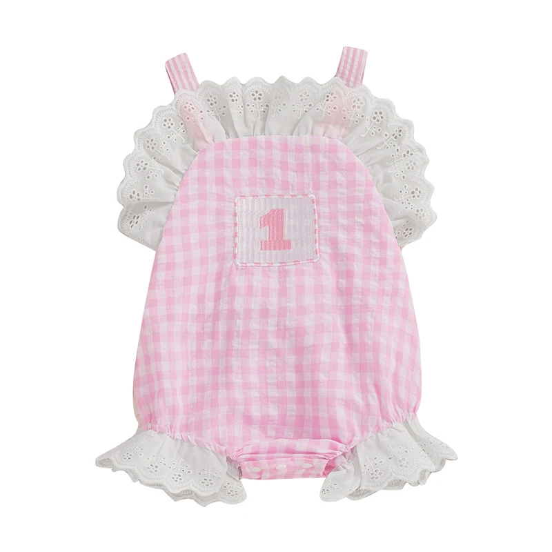 Baby Girl Plaid Birthday Romper Lace Trim Sleeveless Bodysuit Overalls Cute Summer Clothes