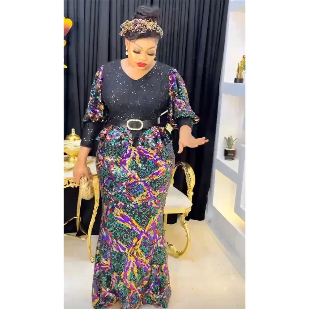 

Luxury Plus Size African Sequins Maxi Dress for Women Elegant Wedding Evening Dresses Dubai Abaya Ankara Dashiki Muslim Kaftan