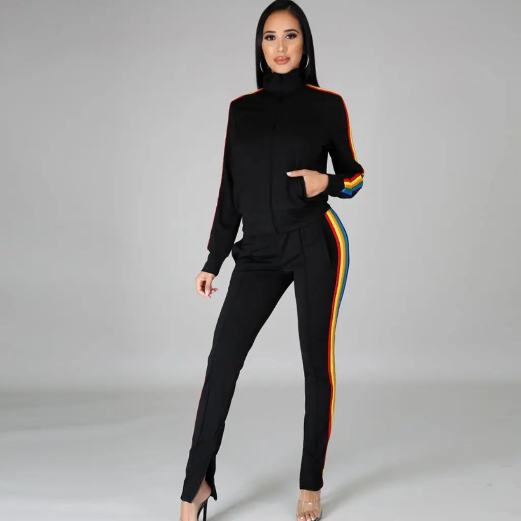 

Women's Long Sleeve Collar Casual Sports Pants Suit Contrast Color Two-Piece Set for Autumn Winter European And American Style