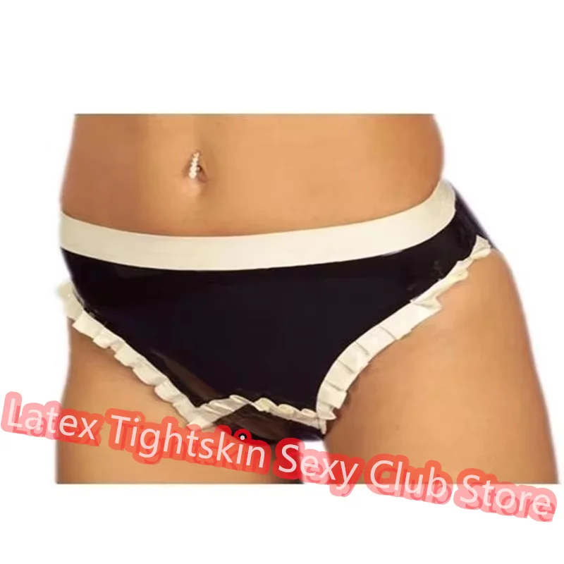 

Natural Latex Briefs Sexy Fetish Shorts Black with white Knot Trim for Woman Underwear Customize Size Cosplay Costumes