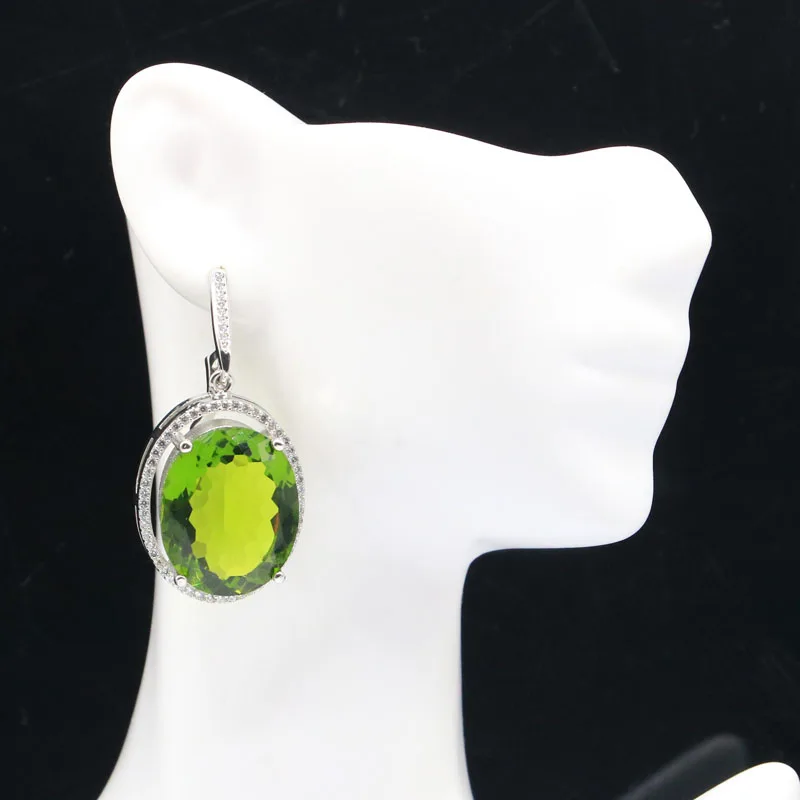 42x22mm Eye Catching Big Gemstone Pink Tourmaline Green Peridot CZ Gift For Woman's Dating Silver Dangle Earrings