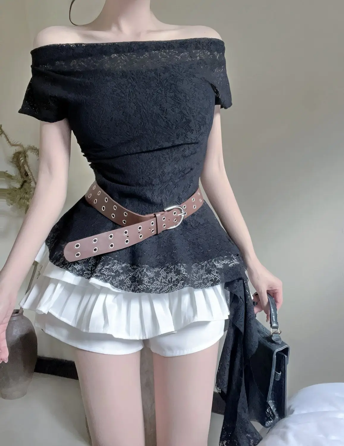 Squeezes Waist Show Off Weight Ruffled Lace Shirt Layered One Shoulder Swing Collar Short Sleeved Top Summer