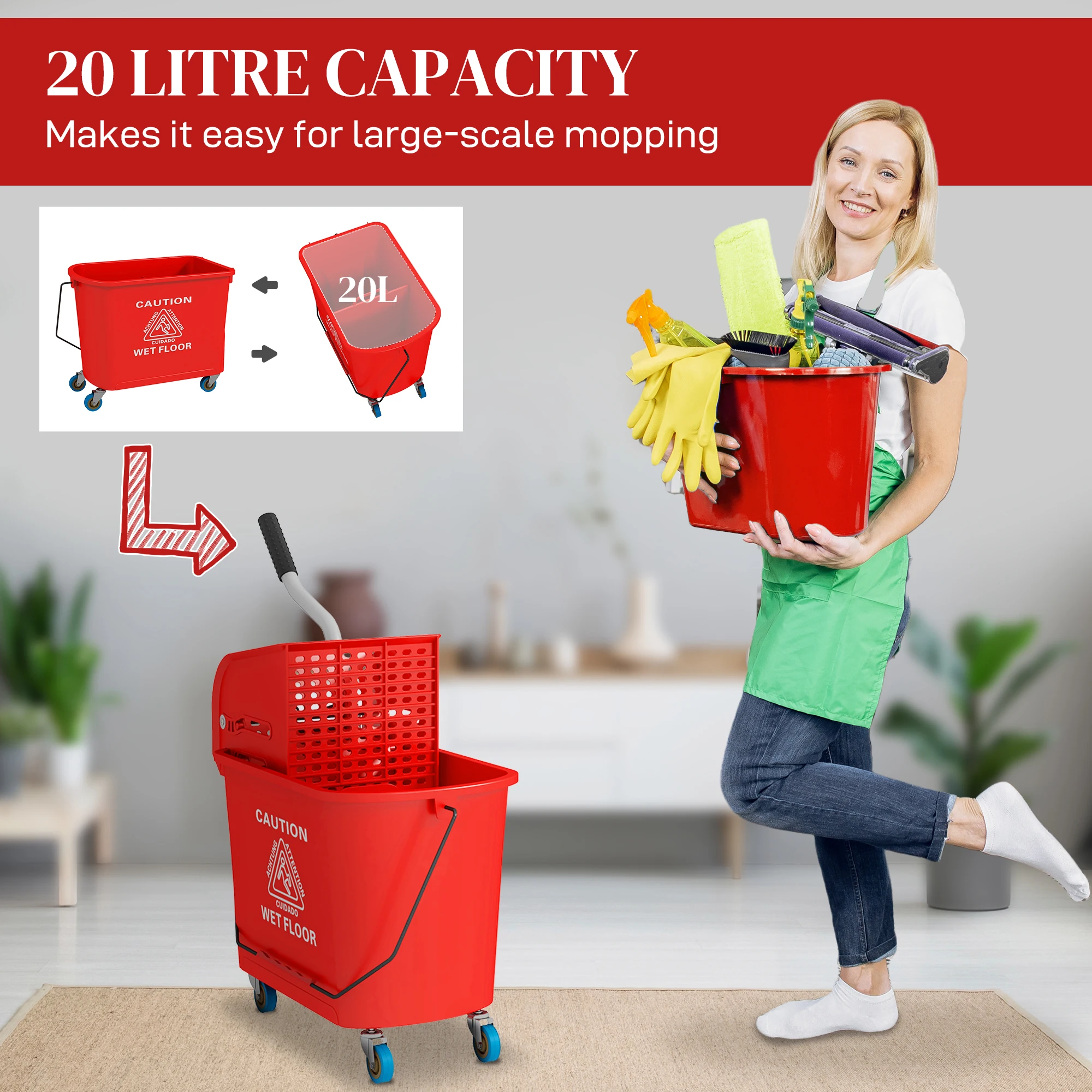 

Red 20L Compact Rolling Mop Bucket with Water Separation Panel, Portable Cleaning Bucket for Home Kitchen