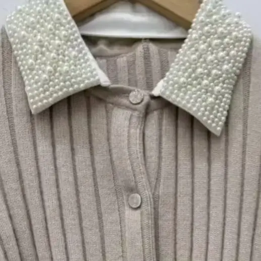 

Spring/Summer Women Pearl Beaded Turn-down Collar Long Sleeve Single-breasted Solid Ribbed Cardigan Slim Elegant Knitwear Coat