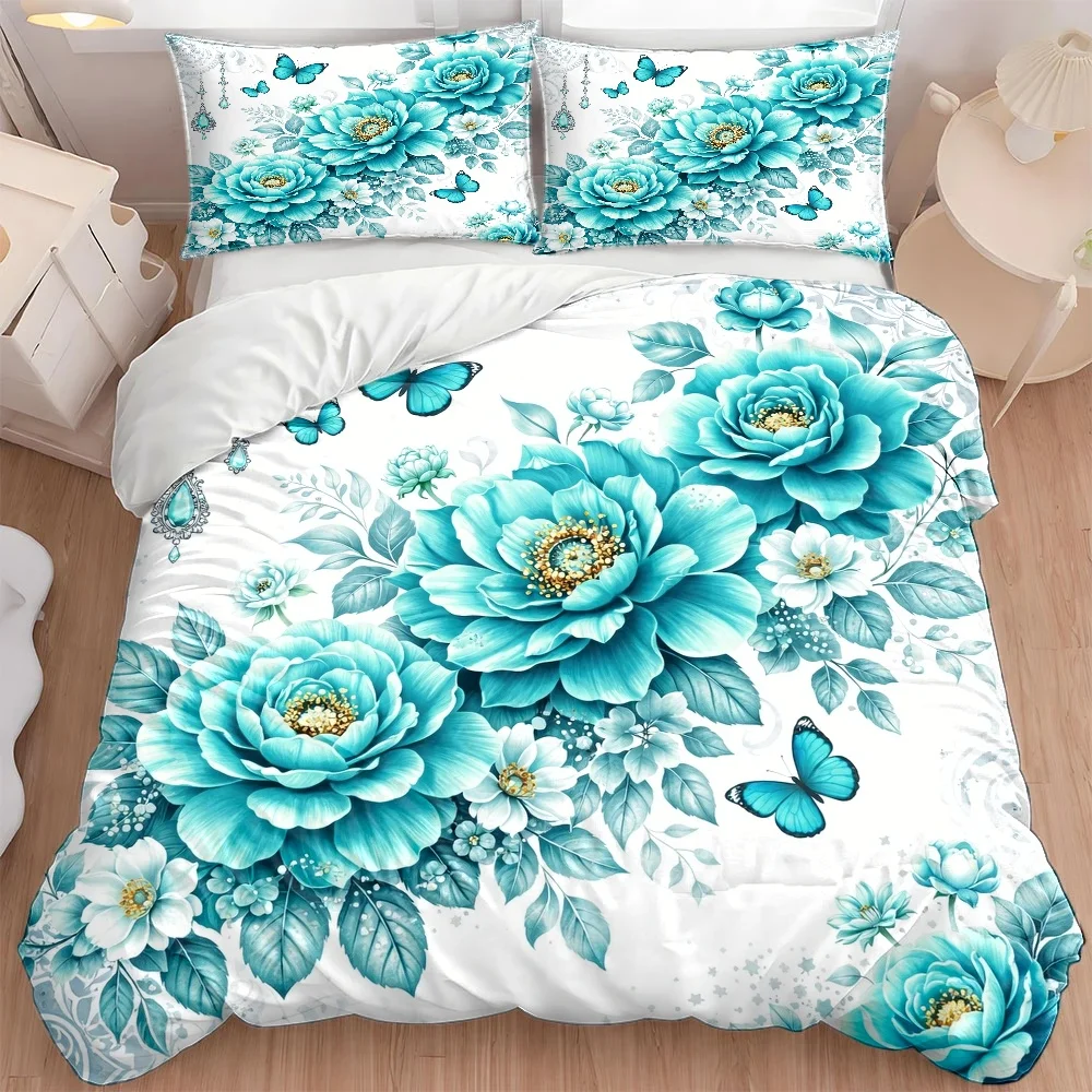 3Pc Blue Floral Butterfly Duvet Cover Set, Three-Piece Bed Set (1*Duvet Cover + 2*Pillowcases), Suitable for All Seasons, Machine Washable, Invisible Zipper Design, Suitable for Large Double Beds, Suitable for Home, Dormitory, Master Bedroom, Guest Room, Exquisite Blue Floral Butterfly Pattern, Fresh and Elegant Bedding Set, Comfortable and Skin-Friendly Bedding, Creating a Cozy Sleep Space, Hot-Selling Bedding Set with 2D Flat Print
