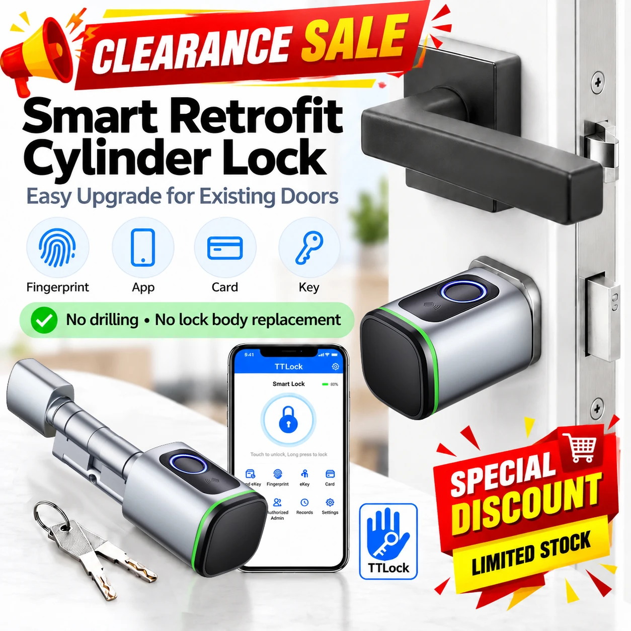 Smart Fingerprint Cylinder Lock TTLock APP IC Card Key Unlock Waterproof Electronic Euro Lock Core Keyless Replacement Door Lock