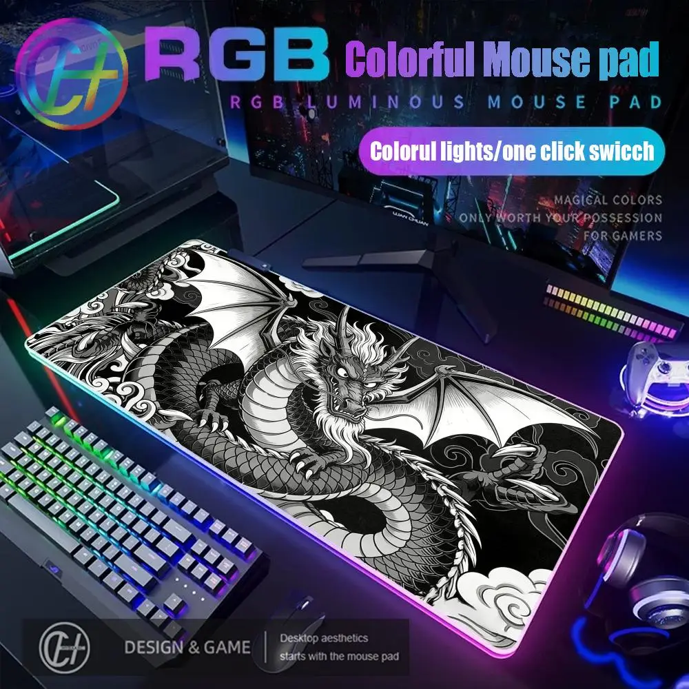 HYBXAXC Black and White Dragon Large Mouse Pad RGB Gaming Mouse Pad Desk Mat HD Gamer Large LED Light XXL