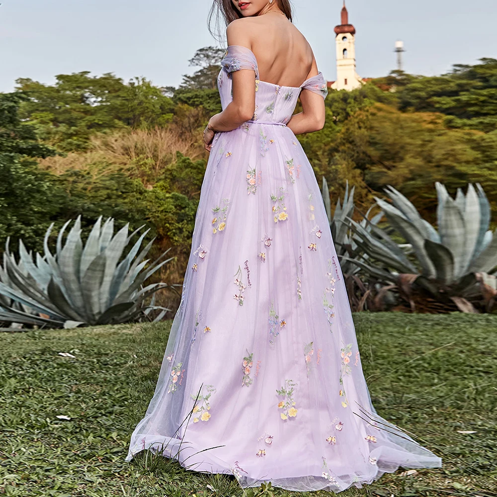 Lavender Evening Dresses Sweetheart A-Line Lace Appliques Off The Shoulder Prom Gown Backless Long Stylish Party Dress فساتين ال