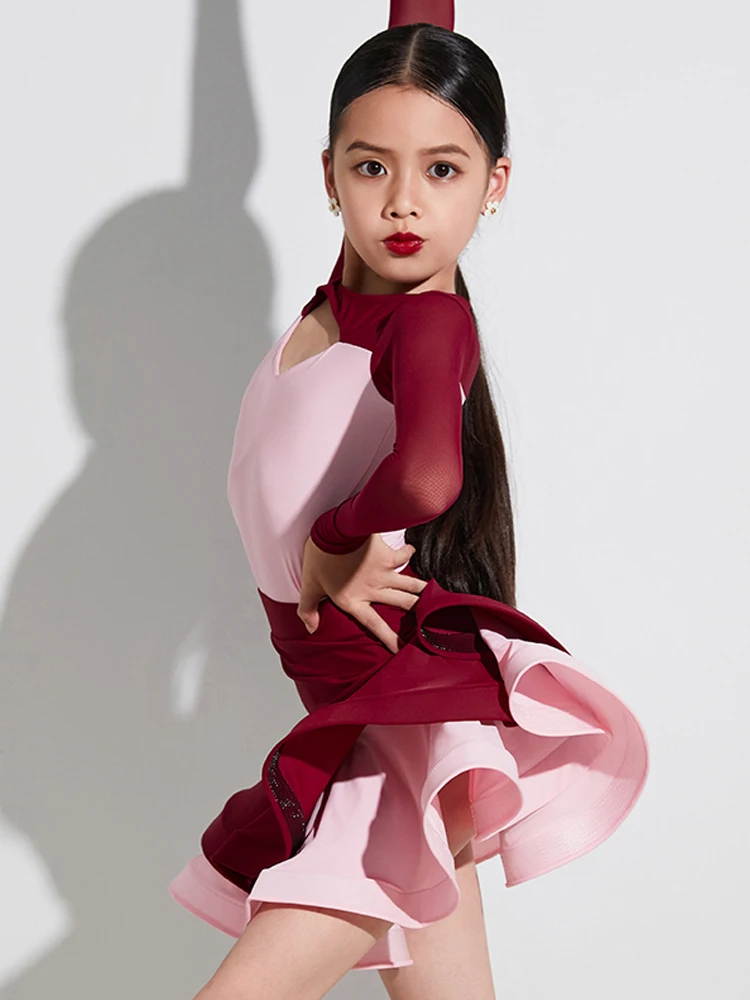 Girls Latin Dance Clothes Autumn Winter Kids Latin Practice Wear Long Sleeves Suit Cha Cha Rumba Performance Costume DNV17855