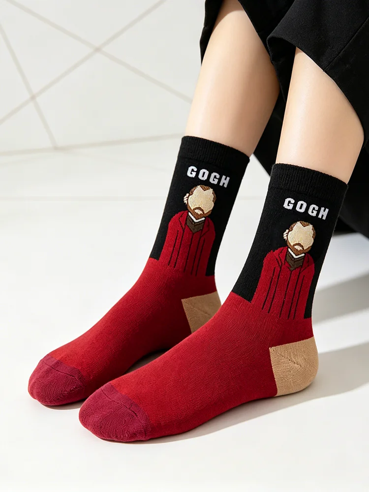 【1 Paar】 Frühlings-Ölgemälde-Trend Mode Nischen-Original Paar-Socken Mittellange Socken Persönliche Streetwear High-Rise-Socken