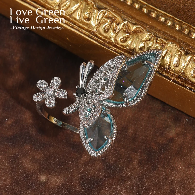 

Vintage Silver Color Butterfly Rings Natural Stone Flower Elegant Womens Rhinestone Jewelry Trends 2025 Accessories Thanksgiving