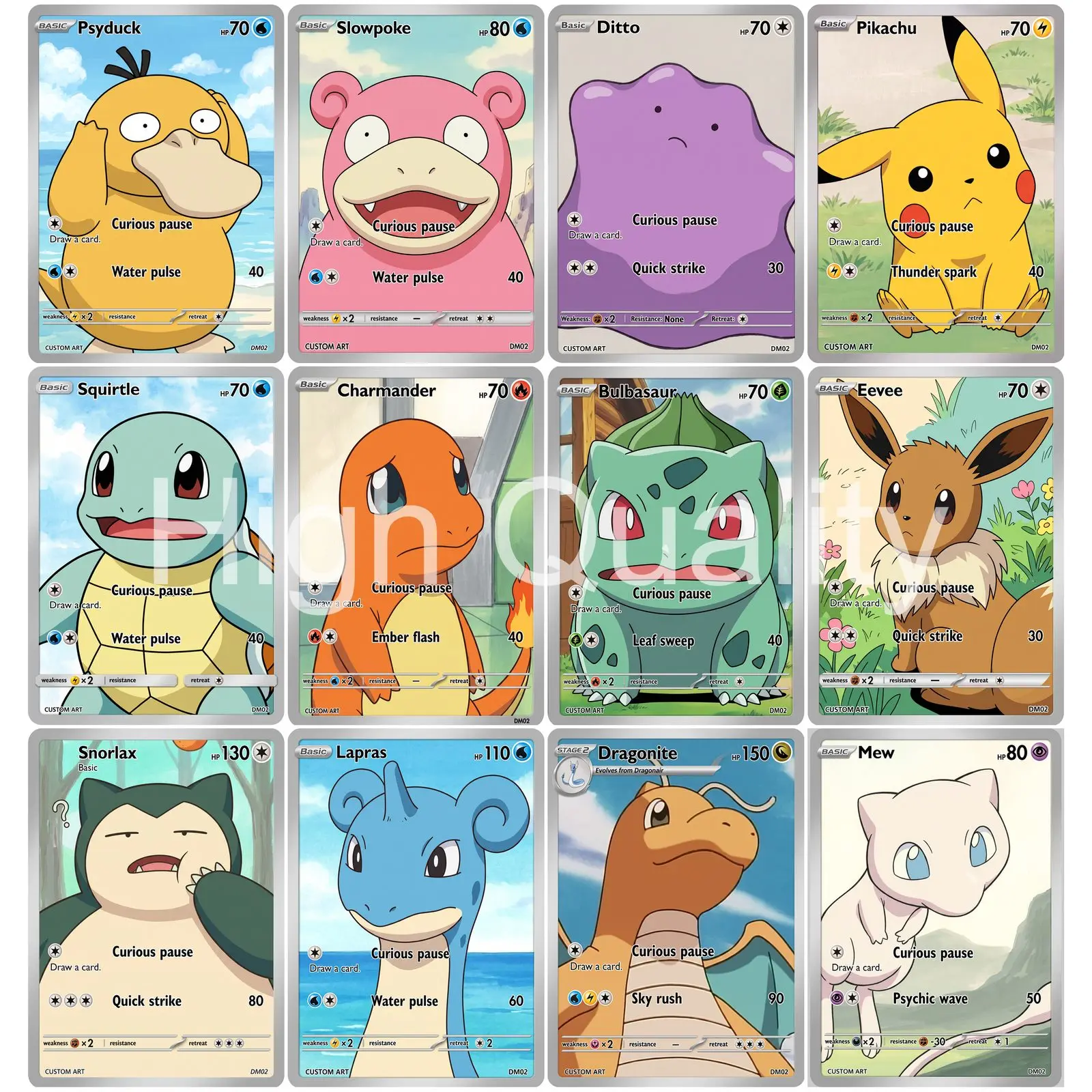12Pcs PKM Cards PTCG Anime Close Up Style Psyduck Slowpoke Ditto Squirtle Eevee Snorlax Mew Portrait Collection Cards PTCG Gift