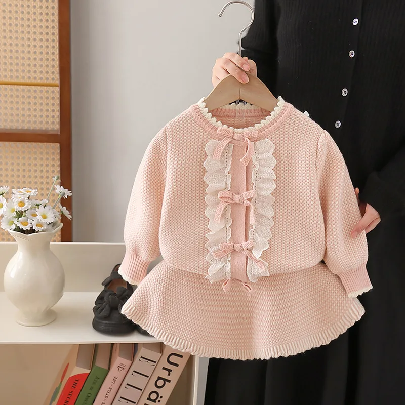 toddler girl sets 2024 autumn new baby knitted skirt and sweater lace kids wear