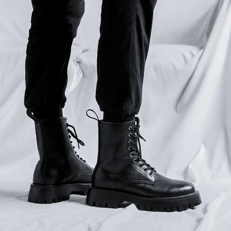 British style men boots luxury fashion genuine leather shoes high top cowboy motorcycle boot lace-up handsome platform botas man