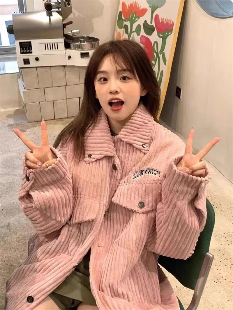 Women Outerwear 2024 Autumn Winter Pink Corduroy Outerwear Female Small Fragrant Style Loose Retro Workwear Baseball Coat Trend